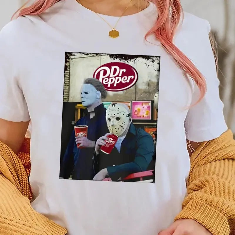 Halloween Dr Pepper Shirt, Michael Myers And Jason Voorhees T-Shirt, Horror Characters Friends Tee, Halloween Shirt...