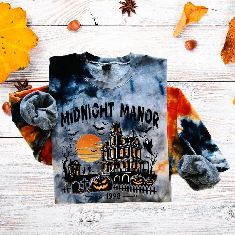 Halloween Fog Tie Dye Sweatshirt Orange Grey Black Sizes Small to 5X Casual Cotton Crewneck Streetwear Pullover Soft...
