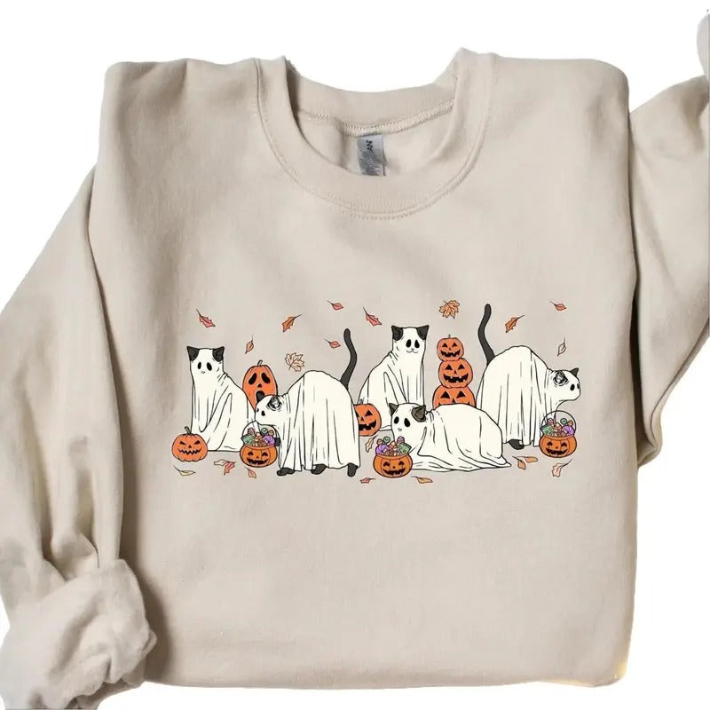 Halloween Ghost Cats Crewneck Sweatshirt, Hoodie, T-shirt | HypeCrazeTee.com