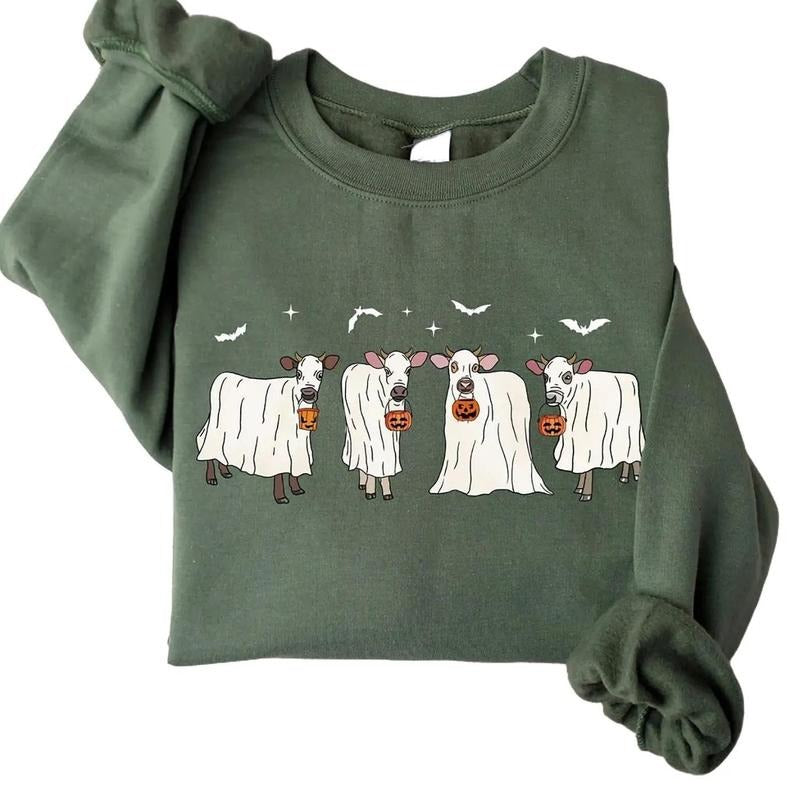 Halloween Ghost Cows Sweatshirt Hoodie Tshirt, Cow Lovers Shirt, Halloween 2024 Gifts | HypeCrazeTee.com