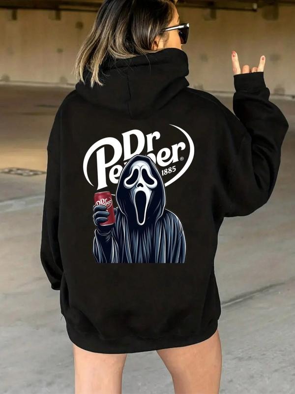 Halloween Ghost Face & Wave Drink Hoodie, Women's Fall Winter Casual Loose-Fitting Funny Relatable Sweatshirt, Letter...
