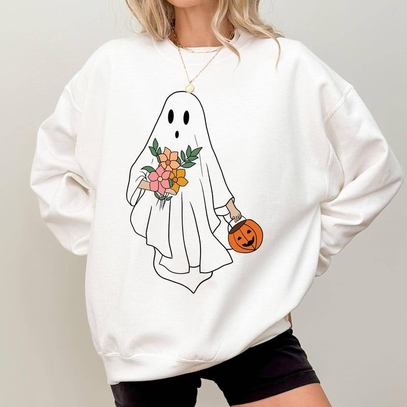 Halloween Ghost Floral Ghost Ghost Flower Bouquet Halloween Ghost Trick Treat Spooky Season Long Sleeve Tops Fall Winter Casual Womenswear Comfort Cotton Fabric T-Shirts, Hoodie, Sweatshirt