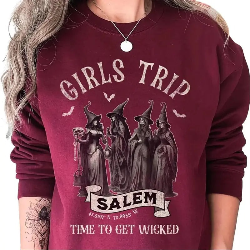 Halloween Girls Trip Salem 1692 Sweatshirt & T-shirt, Salem Time to Get Wicked Vintage Halloween 1692 Sweatshirt &...