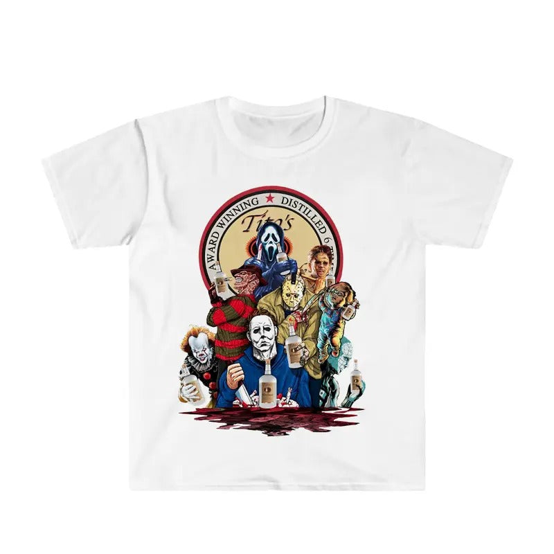 Halloween Horror Characters Drinking Tit.o's Vodk.a Shirt Unisex T Shirt Hoodie Sweatshirt | HypeCrazeTee.com