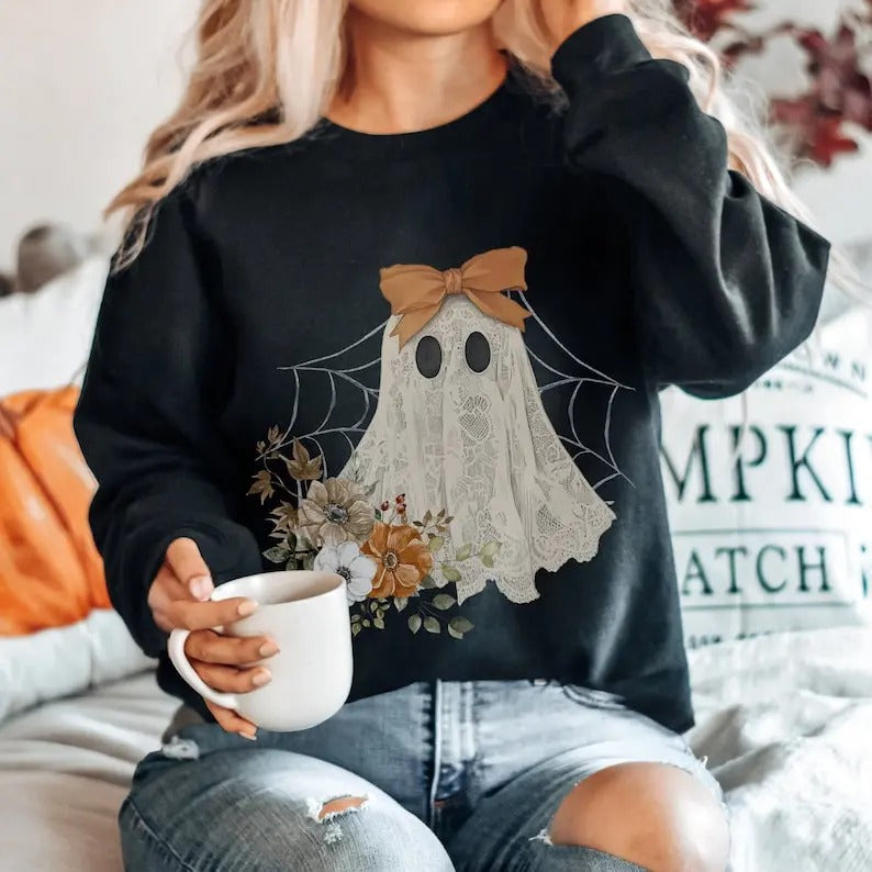 Halloween Lace Ghost Sweatshirt Ghost Bow Crewneck Coquette Halloween Sweater Spooky Fall Floral Long Sleeved Sweatshirt...