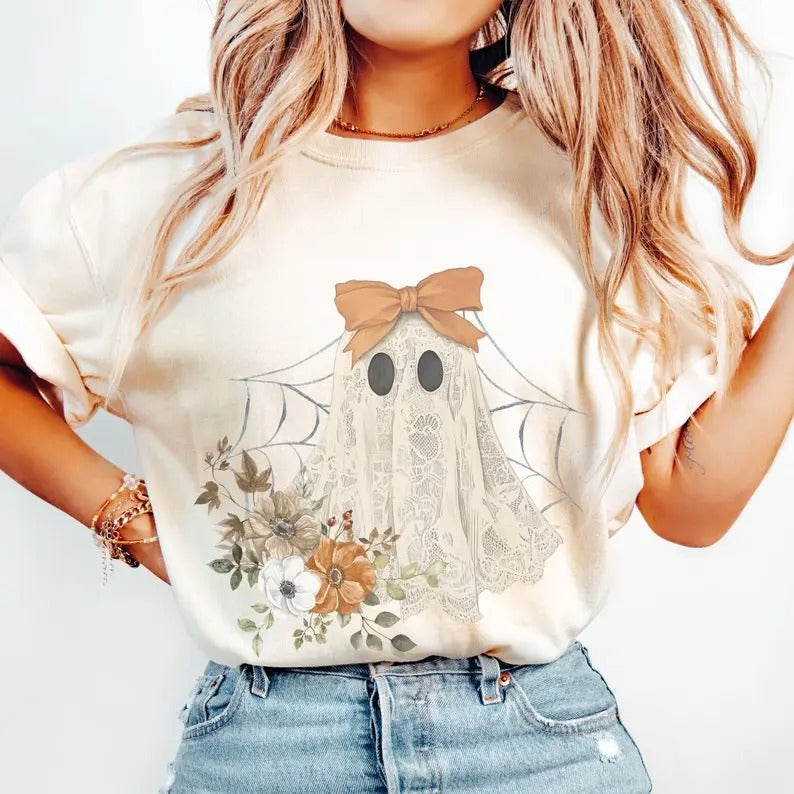 Halloween Lace Ghost T Shirt Spooky Coquette T-Shirt Girly Ghost Orange Bow T Shirt Lacey Ghost Tee  Spooky Season Top...
