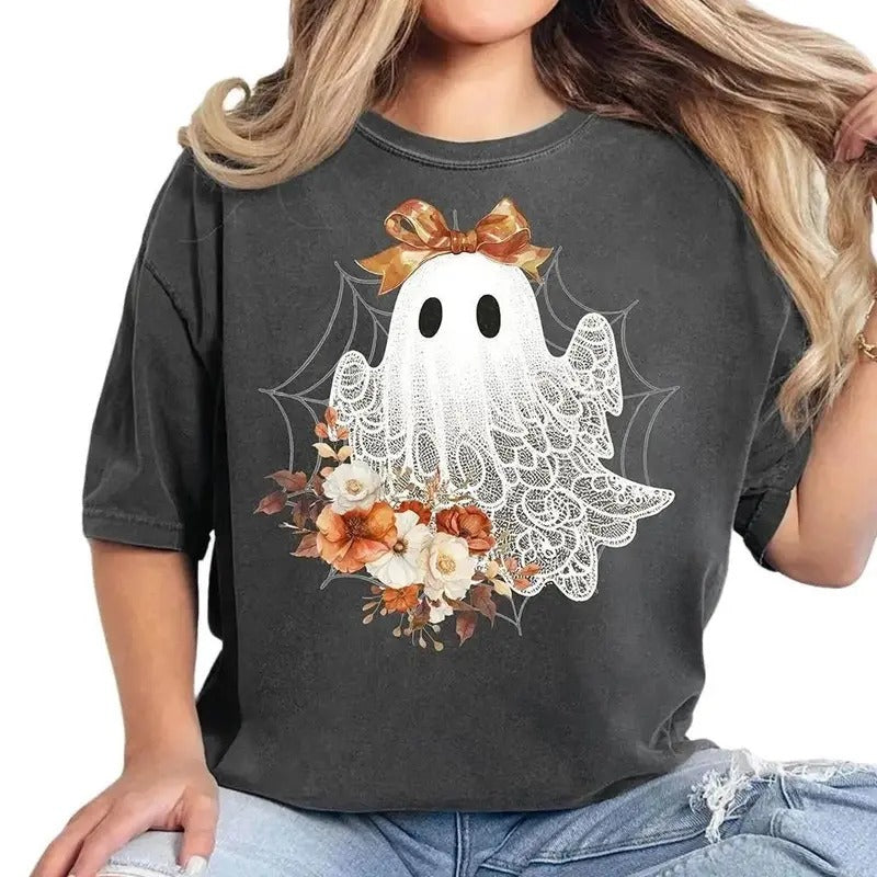 Halloween Lace Ghost Tshirt, Cut Floral Ghost Sweater, Spooky Fall Floral Shirts, Coquette Bow Girl Halloween T-Shirt,...
