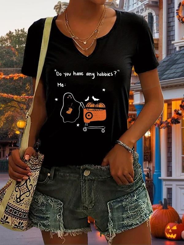 Halloween Letter Print Women's T-Shirt, Funny Cartoon Ghost Design, Short Sleeve V Neck Casual Top, Fashionable Fall &...