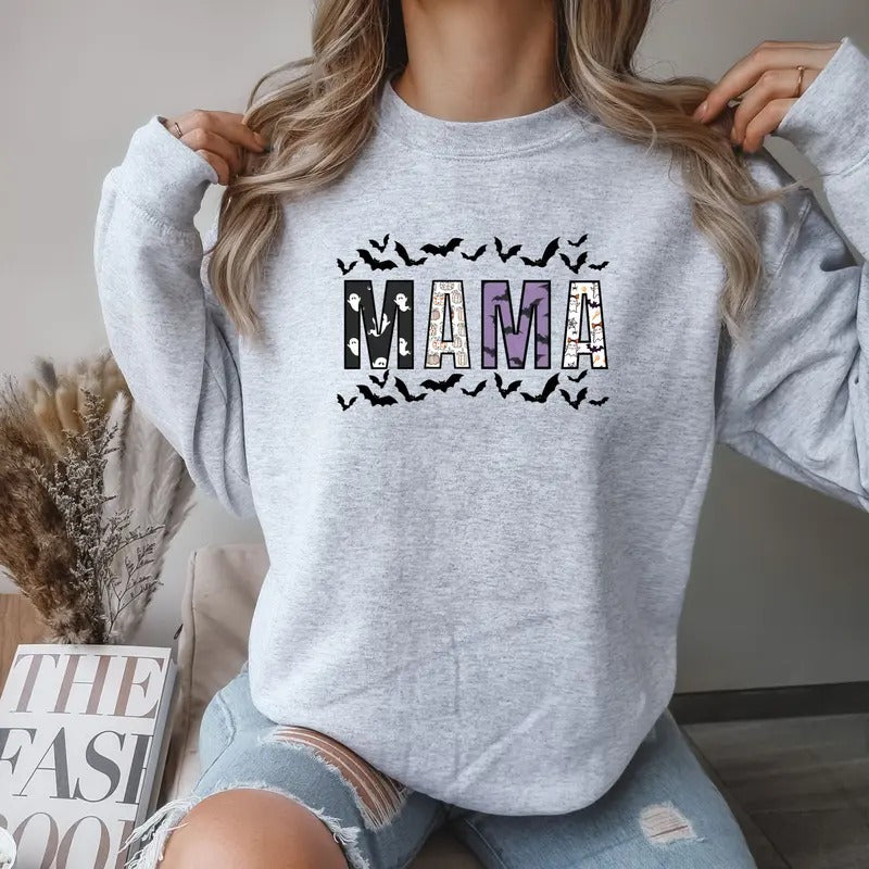 Halloween Mama Print with bats Crewneck Sweatshirt T-Shirts, Hoodie | HypeCrazeTee.com