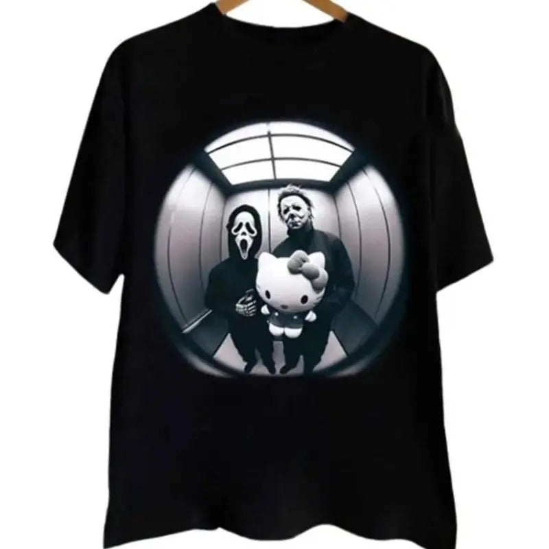 Halloween Michael Myers Ghost Face Hello Kitten Shirt Front Side Horror Movie Fan Character Shirt Halloween Funny Movie Shirt Menswear Top T-Shirts, Hoodie, Sweatshirt