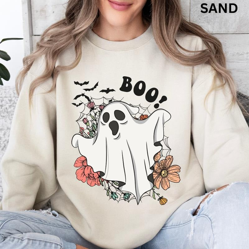 Halloween Oversized Crewneck, Boo Ghost 1 Sweatshirt, Oversized Halloween Graphic Crewneck, Cotton Pullover Spooky Season...