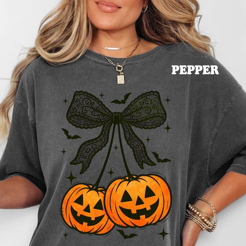 Halloween Pumpkin Cherries Bow Shirt ~ Relaxed Fit Printed USA Womenswear Casual Comfort Cotton Top Athletic Boho Chi T-Shirts, Hoodie, Sweatshirt