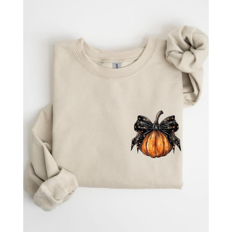 Halloween Pumpkin, Ribbon, Pocket Print, Coquette, Fall, Autumn Sweatshirt T-Shirts, Hoodie | HypeCrazeTee.com