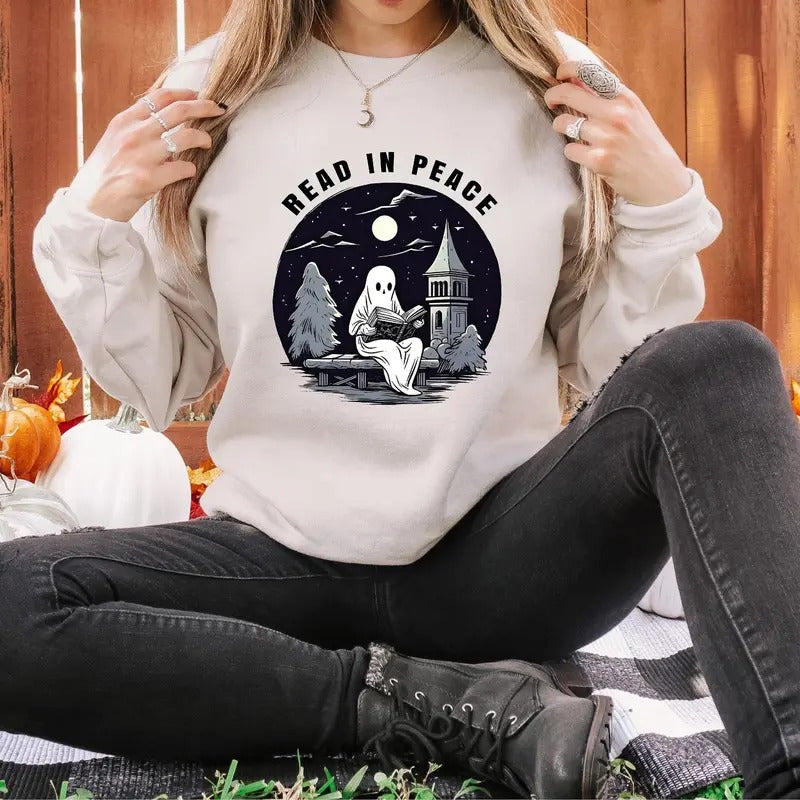 Halloween Read In Peace Sweatshirt, Halloween Ghost Reading Sweatshirt, Funny Halloween Shirt, Book Lover Halloween Gift,...