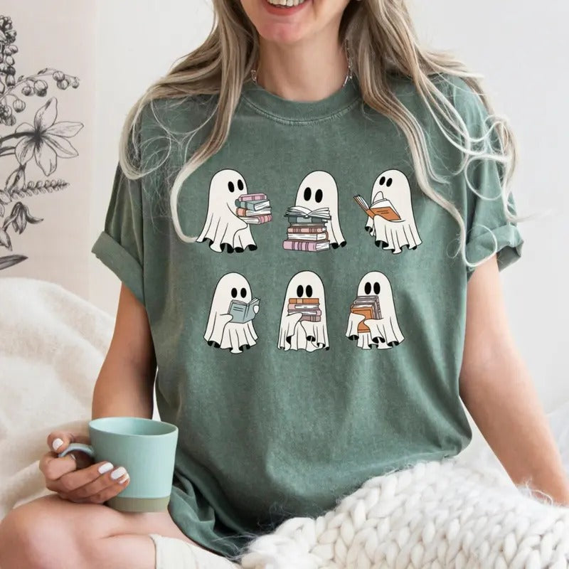 Halloween Retro Ghosts Reading Books Teacher Librarian Halloween Spooky Season Shirt Halloween Book Lover Top Womenswear T-Shirts, Hoodie, Sweatshirt