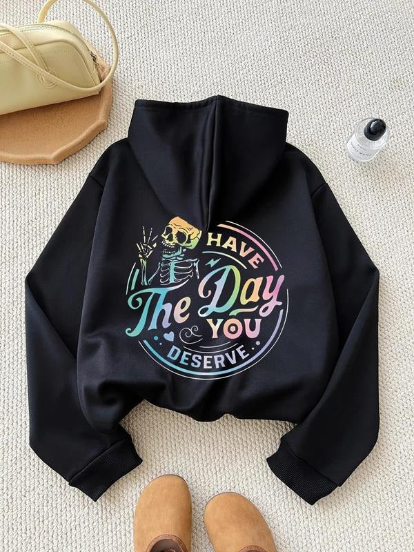 Halloween Skull Gradient Print Women's Fall Winter Warm Hoodie, Kangaroo Pocket Casual Daily Wear, Loose Fit Korean Style...