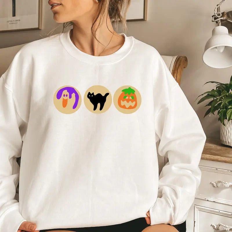 Halloween Sugar Cookie Sweatshirt, Spooky Season Cat Pumpkin Boo Ghost Crewneck, Halloween Cookies Sweat, Retro Fall,...