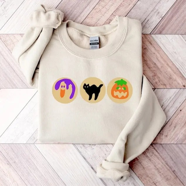 Halloween Sugar Cookie Sweatshirt, Spooky Season Cat Pumpkin Boo Ghost Crewneck, Halloween Cookies Sweat, Retro Fall,...