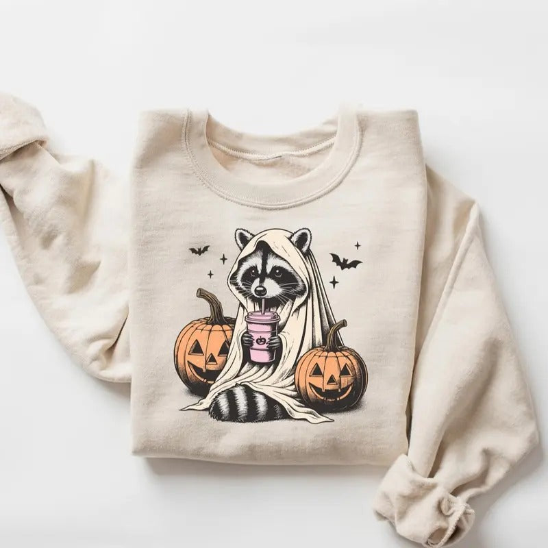 Halloween Sweatshirt, Raccoon Ghost T-Shirt, Retro Halloween Shirts, Spooky Gift, Raccoon Halloween Shirt, Pumpkin Fall...