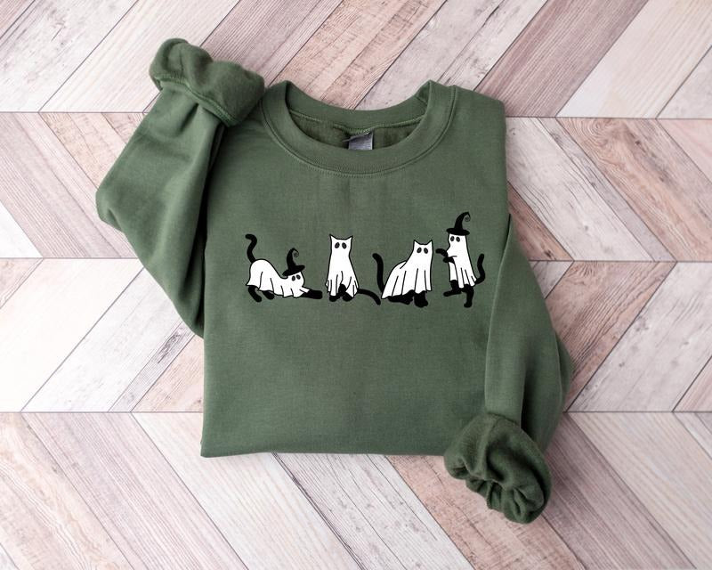 Halloween Sweatshirt,Cat Sweatshirt,Ghost Shirt,Black Cat Shirt,2024 Spooky Seas,Cool Halloween Cat Shirt,Cat Lover...