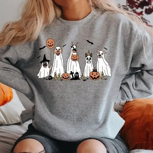 Halloween Sweatshirt,Halloween Sweater,Ghost Sweatshirt,Halloween Dog Sweatshirt,Ghost Dog Shirt,2023 Happy...