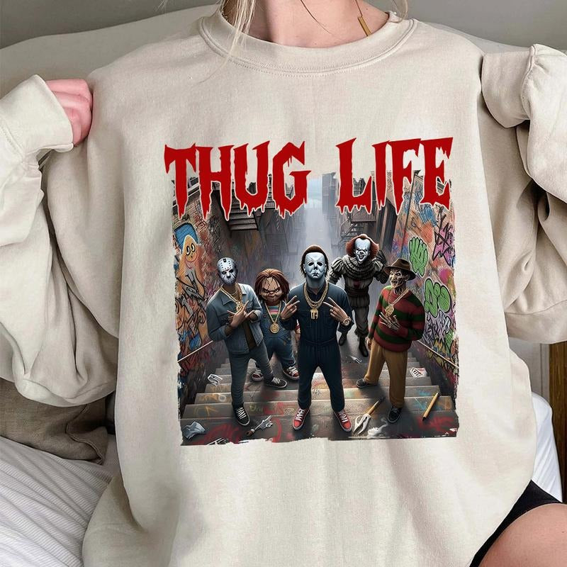 Halloween THUGLIFE Shirt, Horror Characters Shirt, Halloween Graphic Tee Hoodie, Sweatshirt | HypeCrazeTee.com