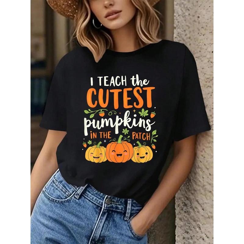 Halloween Teacher I Teach The Cutest Pumpkins In The Patch T-Shirt, Graphic Tees Women Halloween Graphic Round Neck Tee...