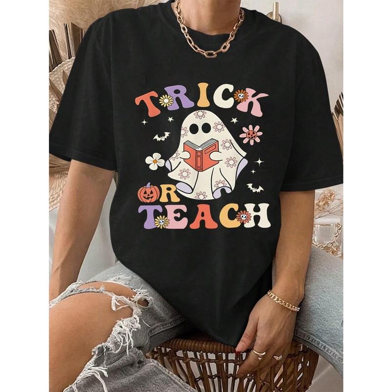 Halloween Teacher T-Shirt Black Short Sleeve Round Neck Casual Knitted Fabric Fit Letter Print for Women Hoodie, Sweatshirt