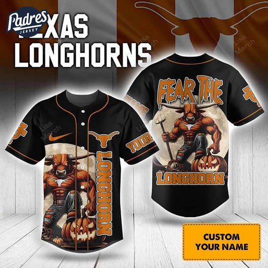 Halloween Texas Longhorns Fear The Longhorn Football Custom Baseball Jersey - Padres Jersey Oasis: Elevate Your Baseball Style Game
