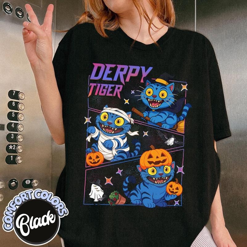 Halloween Tiger Derpy Comfort Colors T Shirt, Kpop Demon Hunter Shirt, Pumpkin Fall Vibes, Anime Lover Gifts Hoodie,...