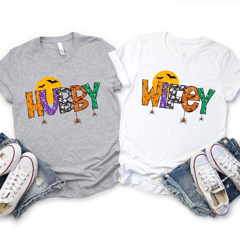 Halloween Wifey and Hubby Shirts Matching Couple T-Shirts Funny Halloween Shirt Halloween Party Tee with Colorful Spooky...