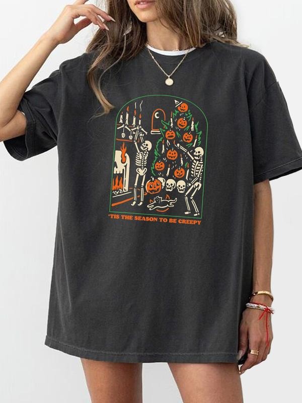 Halloween Women's Casual Round Neck Short Sleeve T-Shirt, Skull & Pumpkin Print, Summer Fashion, Fitted Moderate Fabric...