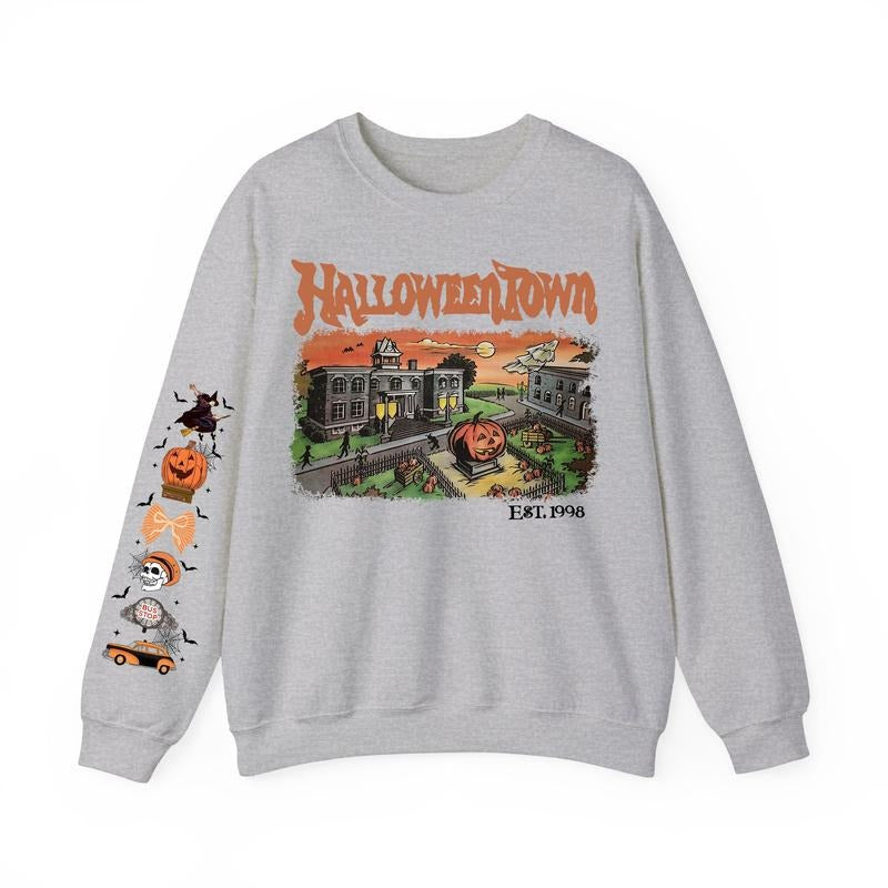 Halloweentown Sweatshirt EST. 1998 - Printed Halloween icons on sleeve  – Vintage Halloween Crewneck T-Shirts, Hoodie