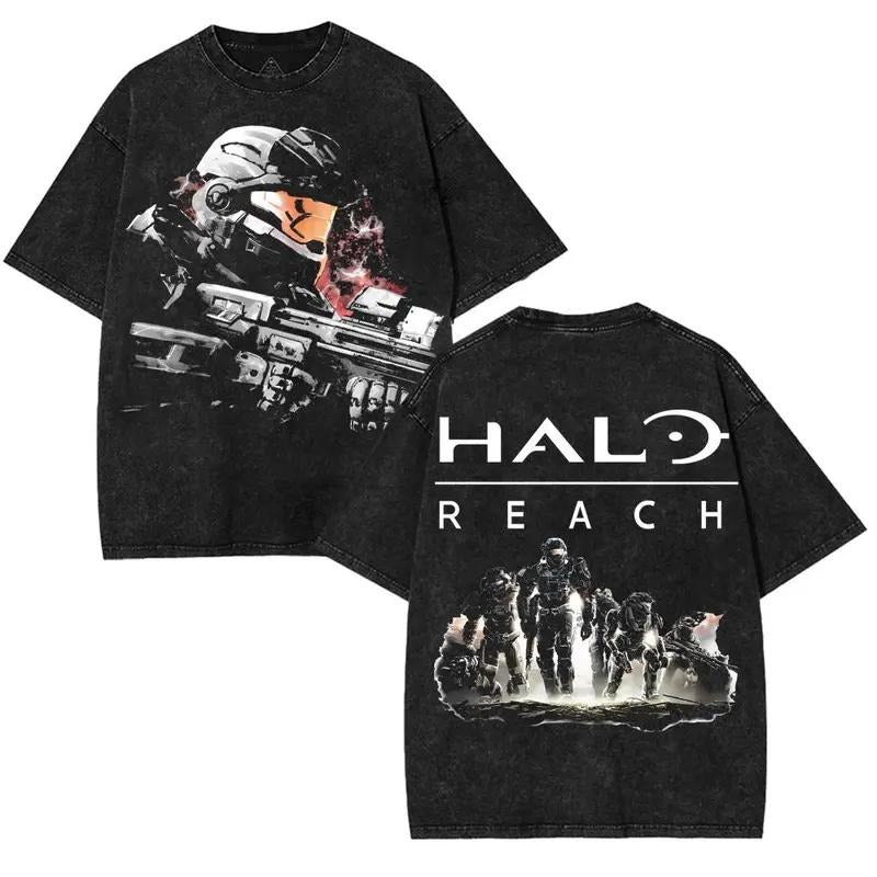 Halo Reach 2552 fps action Double Printed Unisex Washed Cotton T-Shirt RPG graphic tees Top anime manga game merch Casual...