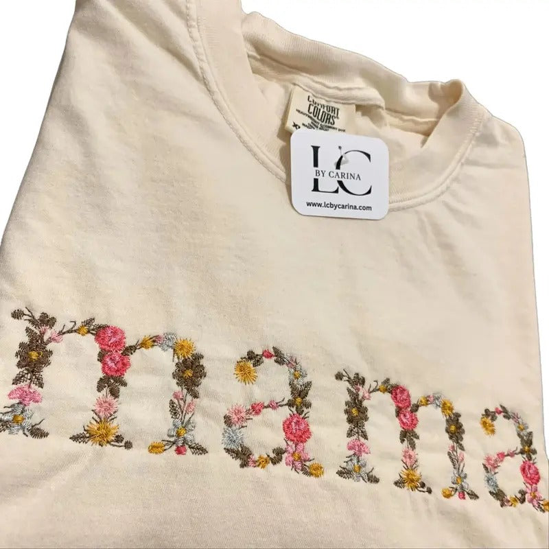 Handmade Embroidered Floral Mama T-Shirt - Custom Mother's Day Gift - Personalized Mama Shirt - Boho Mom Tee
