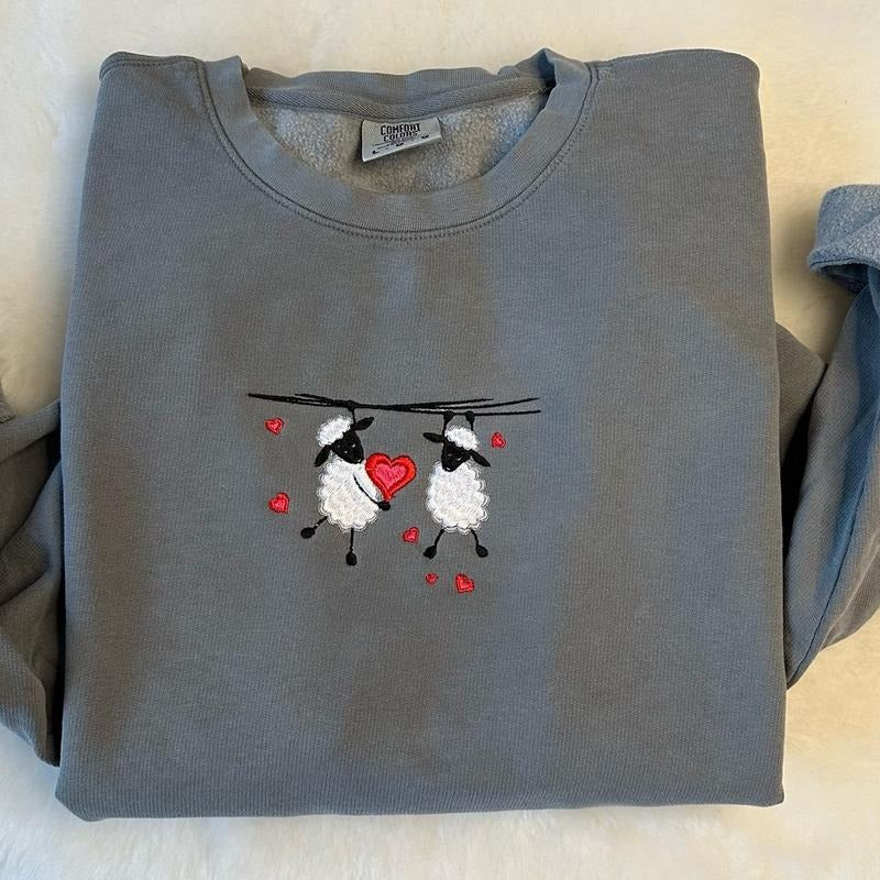 Hanging onto Love SheepEmbroidered Crewneck Sweatshirt T-Shirts, Hoodie | HypeCrazeTee.com