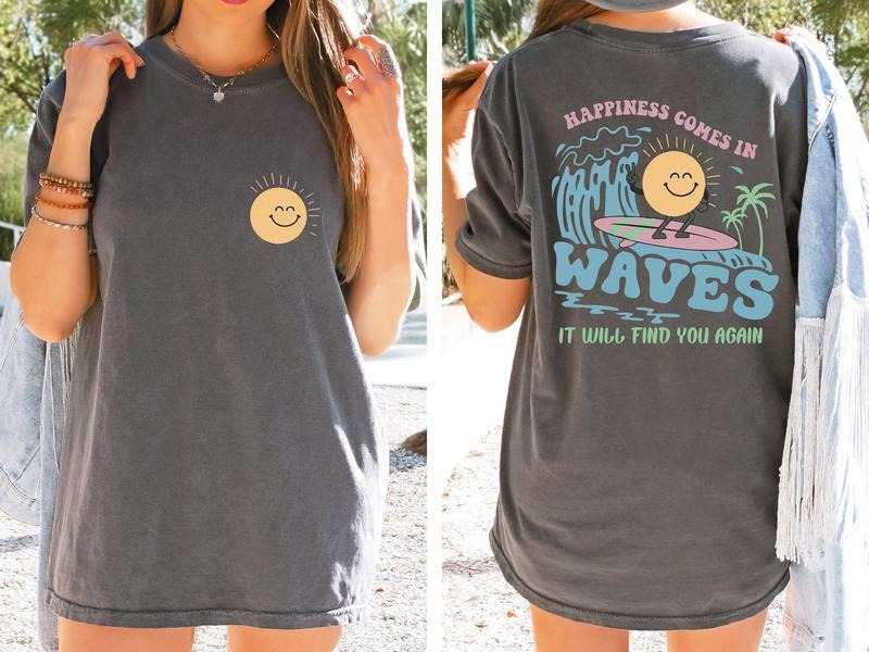 Happiness Comes In Waves Comfort Color Tees, Comfort Colors Oversized Tshirt, Summer Shirt, Vacation Shirt, Beach...