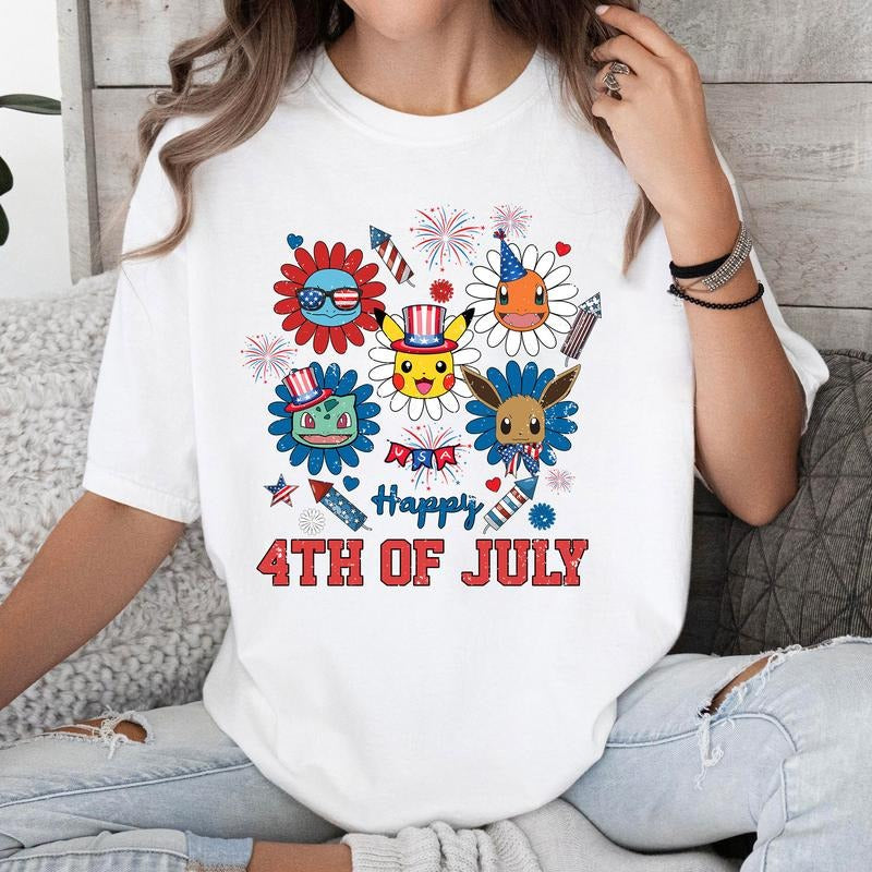Happy 4th of July PKM Anime Firework Independent Day Tshirt Crewneck Hoodie Comfort Cotton Sweatshirt | HypeCrazeTee.com