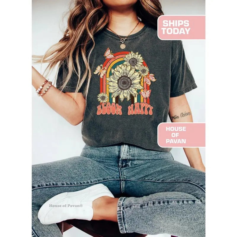 Happy Bloom Retro Cute Shirt, Vintage Inspired Tee Shirt, Western Graphic Tee, Retro Tee Shirt, Boho, Vintage Hoodie,...