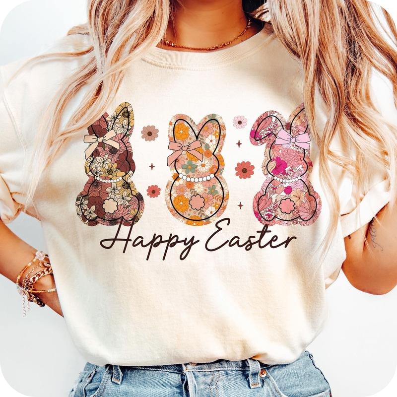 Happy Easter Bunny Floral T-Shirt, Easter Bunny T-Shirt, Retro Easter T-Shirt, Spring Floral T-Shirt, Girly Easter...