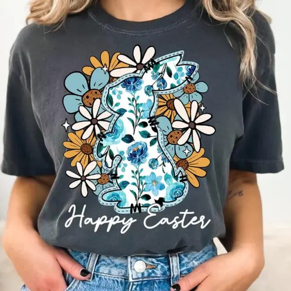 Happy Easter Bunny Shirt, Tee Shirt , Easter Shirt , Floral Easter T-shirt Hoodie, Sweatshirt | HypeCrazeTee.com