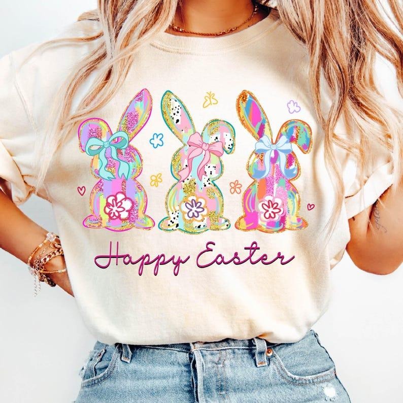 Happy Easter Coquette T-shirt, Retro Bunny, Brushstroke, Easter Girl Hoodie, Sweatshirt | HypeCrazeTee.com