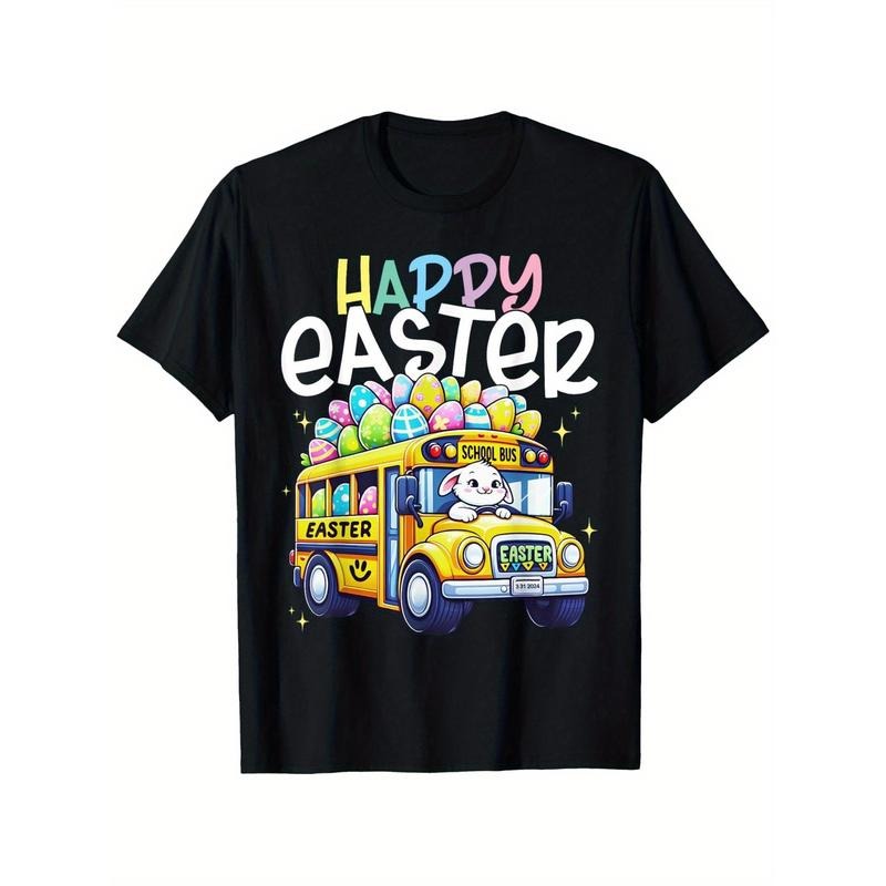 Happy Easter School Bus Driver Crew Eggs Easter Day T-Shirt, 100% Cotton, Single Side Printed, Black Short Sleeve...