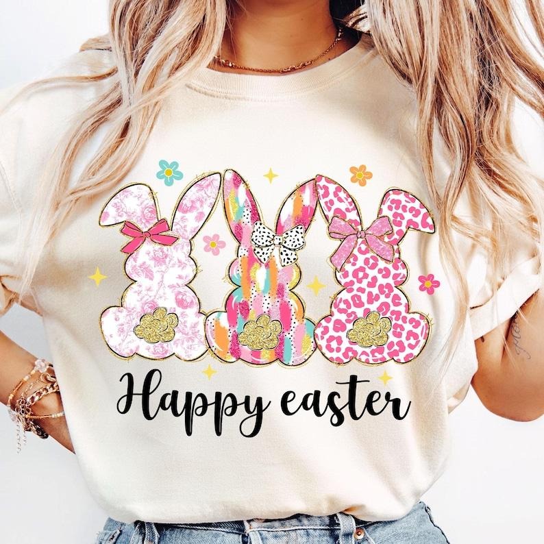 Happy Easter Shirt, Coquette Easter Bunny Shirt, Colorful Bunny Easter Coquette Shirt Hoodie, Sweatshirt | HypeCrazeTee.com