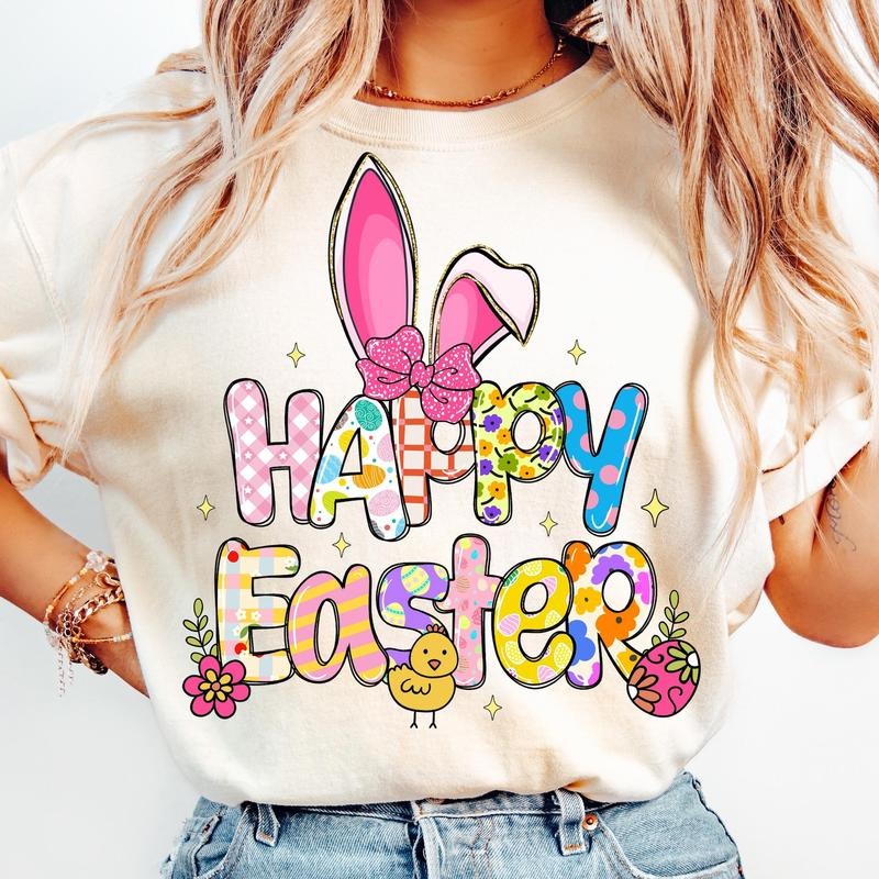 Happy Easter T-Shirt, Easter Bunny T-Shirt, Pastel Easter Coquette T-Shirt, Floral Spring T-Shirt, Bunny Bow T-Shirt,...