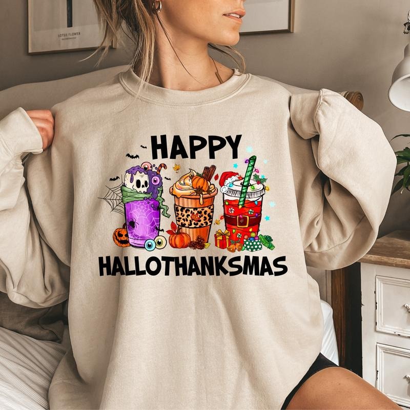 Happy Hallothanksmas Coffee Sweatshirt, Happy Halloween Shirt, Thanksgiving Shirt, Christmas 2024 Shirt, Santa Shirt,...