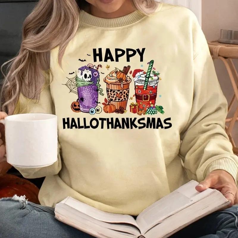 Happy Hallothanksmas Print Casual Long Sleeve Crew Neck T-Shirts, Hoodie, Sweatshirt