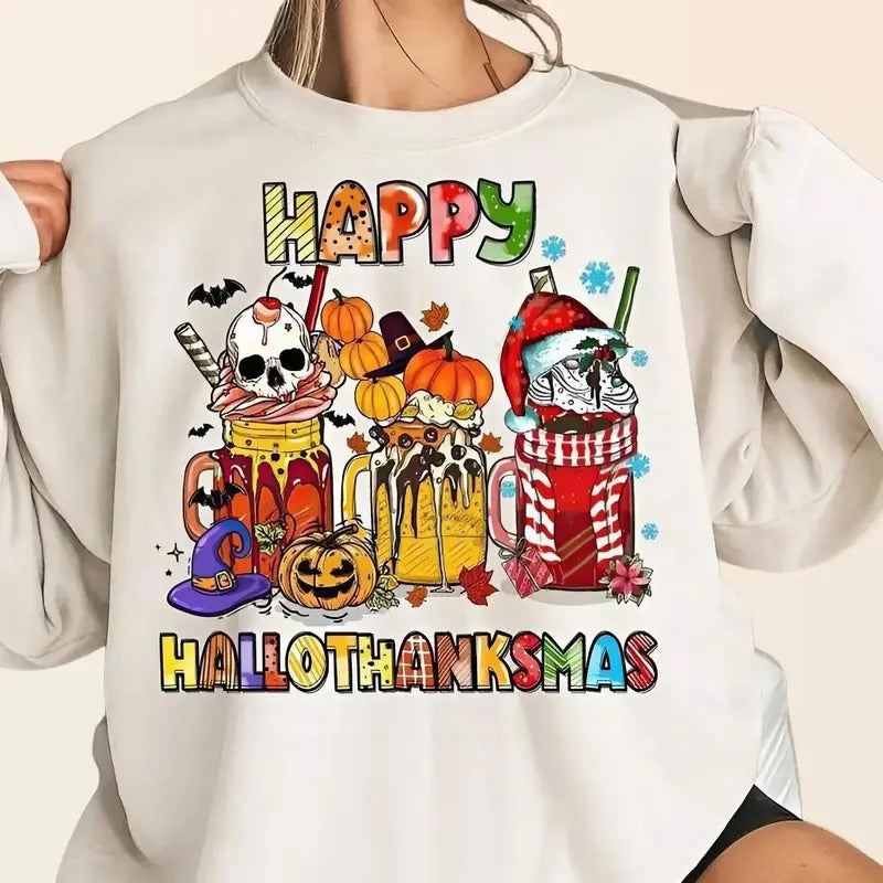 Happy Hallothanksmas Shirt, Christmas Holiday Season Tee Tops Crewneck Cotton Hoodie, Sweatshirt | HypeCrazeTee.com