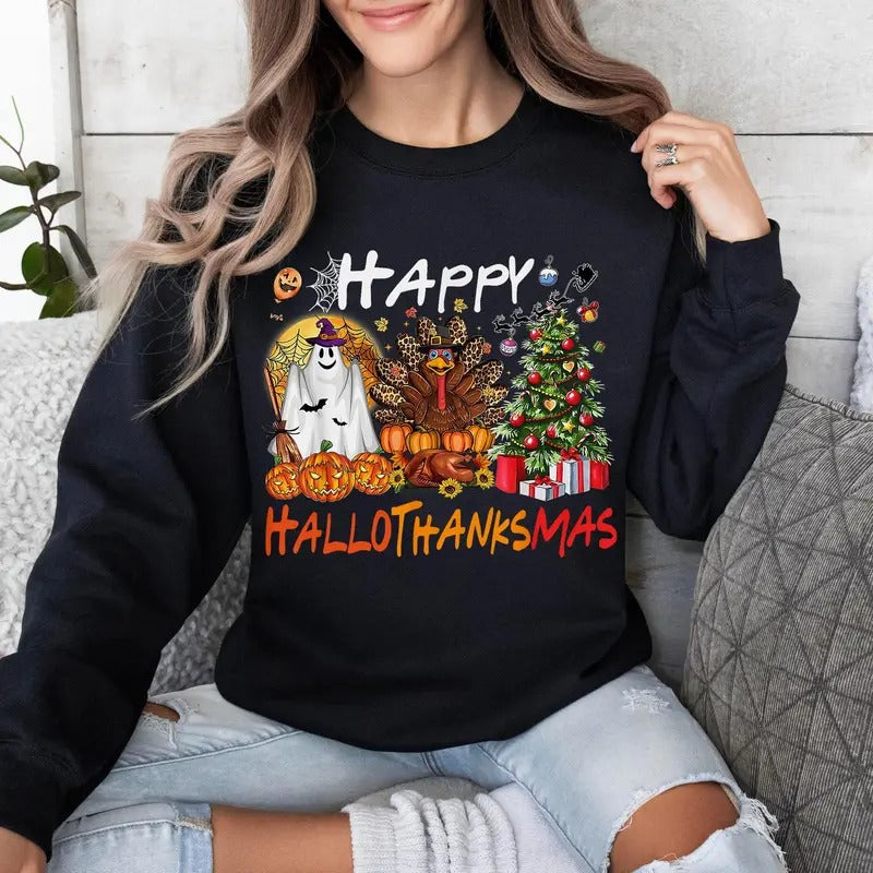 Happy Hallothanksmas Shirt, Halloween Thanksgiving Christmas Sweatshirt, Holiday Season Shirt, Funny Halloween Tee, Fall...