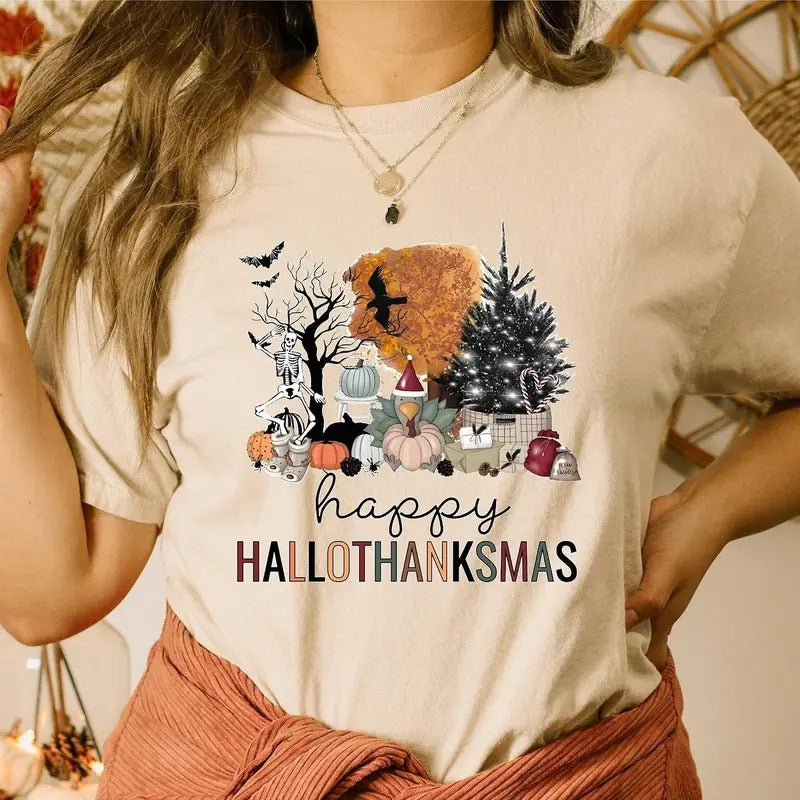 Happy Hallothanksmas Shirt, Happy Halloween Thanksgiving Christmas Shirt, Holiday Season Shirt, Funny Halloween Gift,...